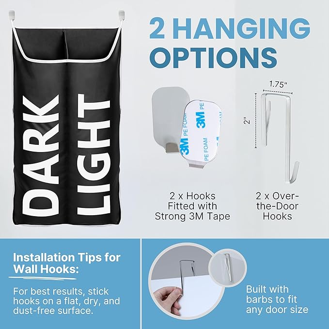 Hanging Laundry Hamper Bag XL, Space Saving over the Door Storage Bags, Behind the Door Hampers for Dirty Clothes & Wall Mounted Basket for Bathroom (Black -2Pack, Double Compartment)