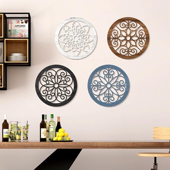 Zzbakress 4 Pieces Farmhouse Wall Decor Rustic Circle Wall Decor Wooden Hollow Carved Round Wall Art for Living Room Bedroom Kitchen Bathroom Home Wall Decoration (Elegant, Colorful)