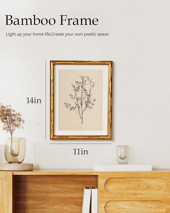 Vintage Botanical Gold Bamboo-Textured Framed Canvas Wall Art, 11x14 Inch Black White Plant Illustration Sketch Print, Classic Minimalist Line Artwork Home Office Bathroom Bedroom Decor