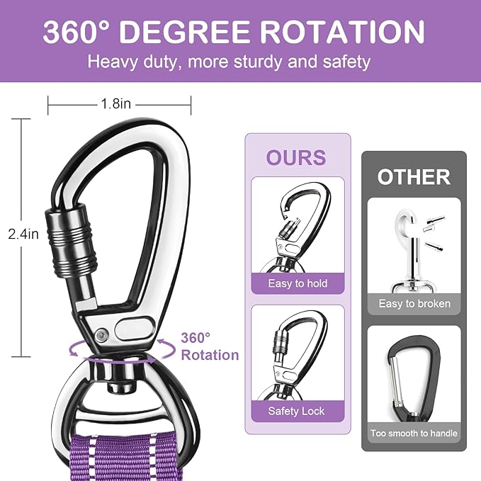 Heavy Duty Dog Leash for Medium Large Dogs That Pull,4-6FT Shock Absorbing Bungee Tactical Dog Leash with Control Padded Handle and Car Seatbelt, Reflective Lead for walking training,Purple