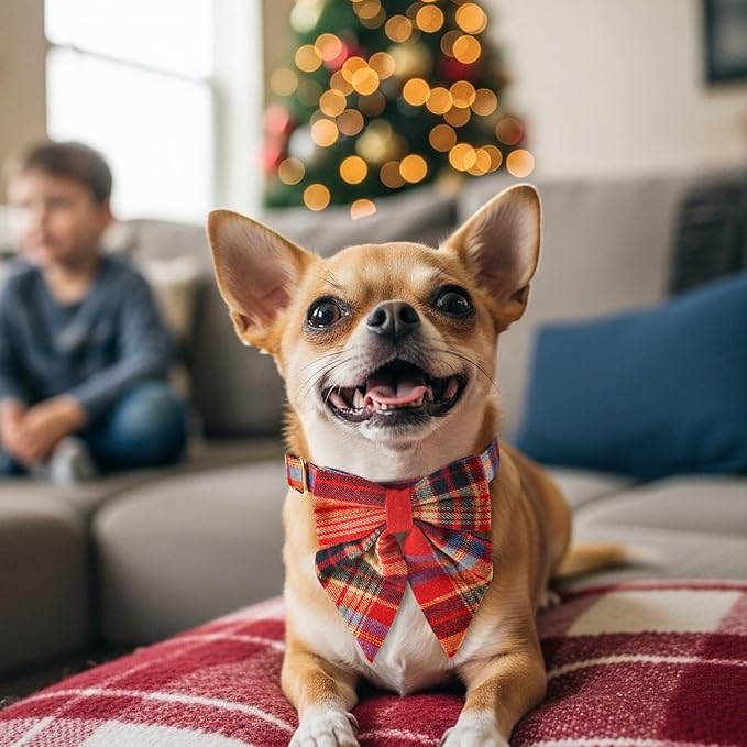 Vehomy Christmas Dog Collar with Bow Adjustable Plaid Collar with Bowknot Christmas Day Pet Accessory Plaid Bowtie Collars for Small Medium Large Dogs M