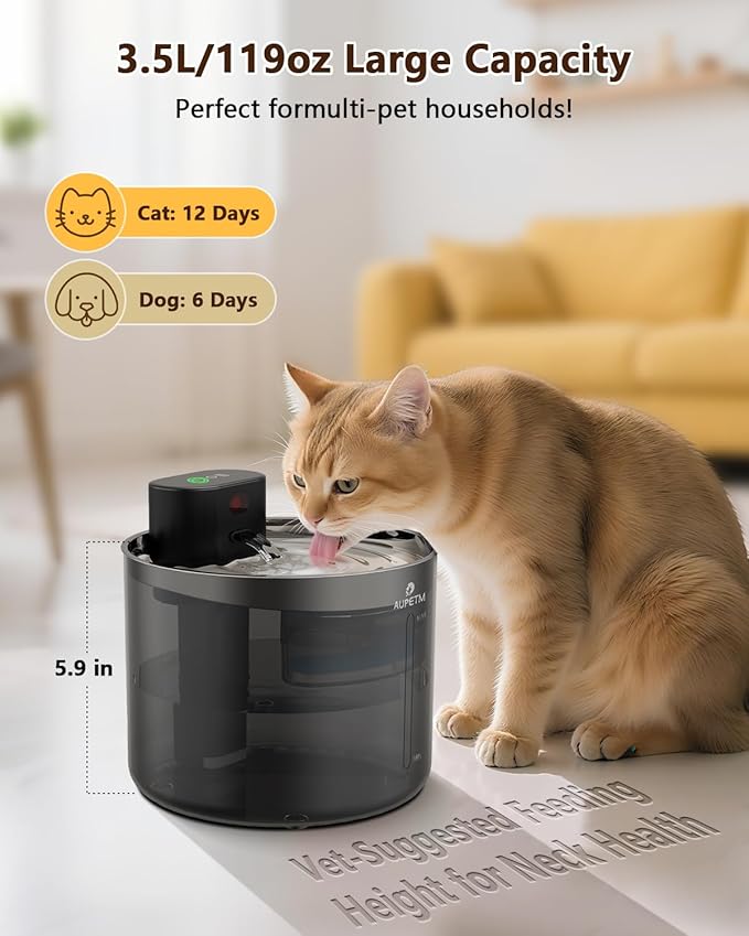 Battery Operated Cat Water Fountain, Wireless Automatic Water Dispenser for Cats & Dogs, 3L/101oz Cordless Pet Water Bowl Fountains with Stainless Steel Tray & Quiet 6-Stage Filter System