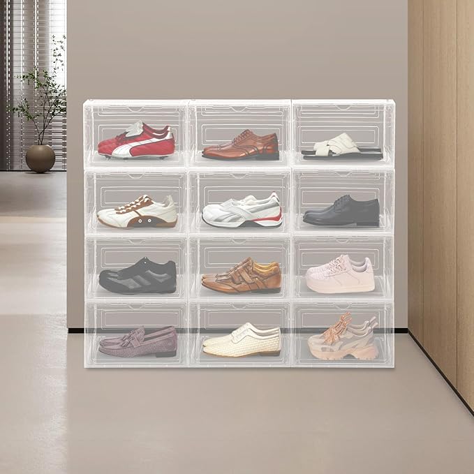 12 Pack Clear Shoe Boxs, Acrylic Shoe Storage Box W/ Magnetic Door, Side Door Opening, Stackable Shoe Container, Multifunctional Sneaker Organizer, Acrylic Shoe Display Case 13.39*10.63*8.66in