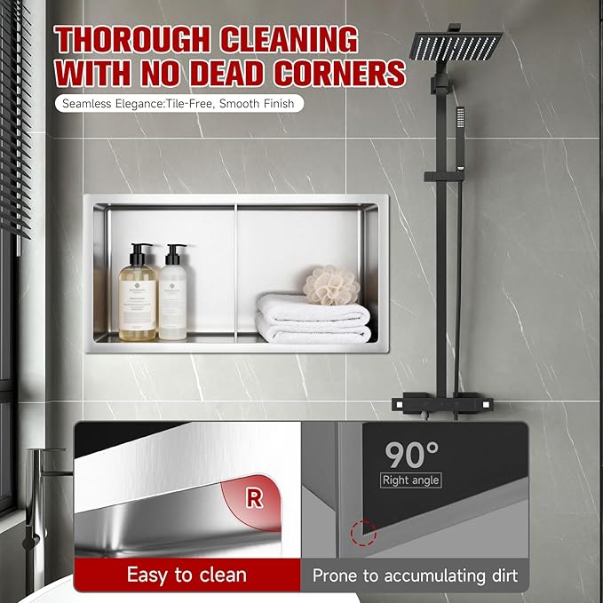 No Tile Needed Shower Niche 13"X 25", Bathroom Wall Niche Double Shelves, Stainless Steel Shower Niche for Bathroom, Kitchens, Balconies