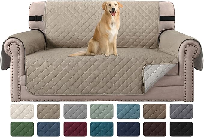 H.VERSAILTEX Sofa Protector for Dogs/Cats/Pets Sofa Covers Slipcover Quilted Couch Coveres Loveseat Covers with Non Slip Elastic Strap Water Resistant Seat Width: 46" (Loveseat, Khaki/Beige)