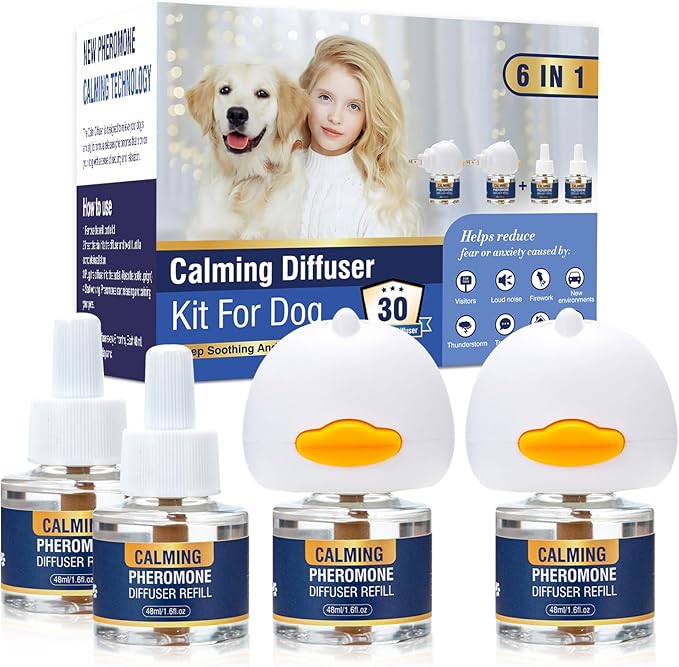Dog Calming Pheromones Diffuser 6 in 1 Kit (2 Plug in+4 x48ml Refill) Appeasing Pheromone Diffuser to Calmfor Anxiety Relief Reduce Aggression Fighting Barking Stress 120 Day Supply(Peach)