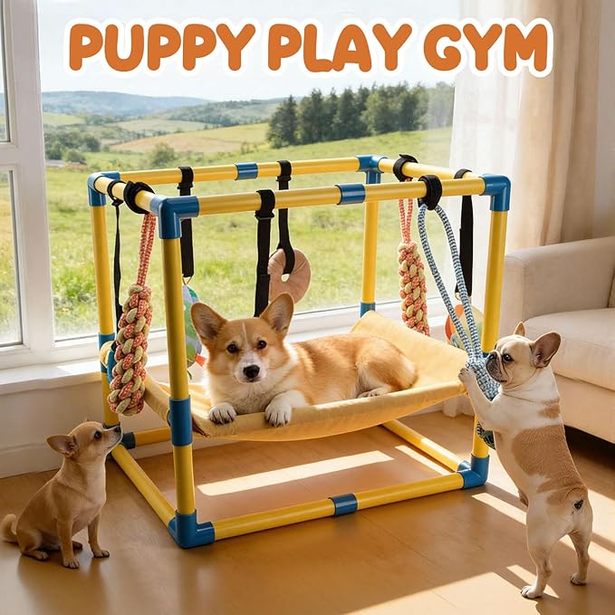 Puppy Play Gym with 8 Hanging Toys, Indoor Puppy Jungle Gym with Interactive Dog Enrichment Toys.PVC Frame with Small Dogs Hammock Enrichment Activity Center