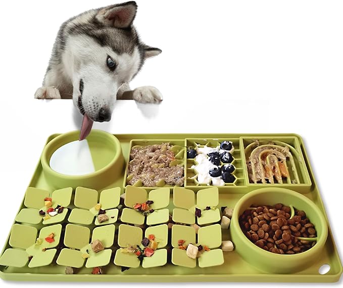 4-in-1 Silicone Snuffle Mat for Dogs, Dog Slow Feeder Bowl & Lick Mat with Suction Cups, Dog Puzzle Feeder Toy Sniff Mat for Smell Training Slow Eating Keeping Busy, Green