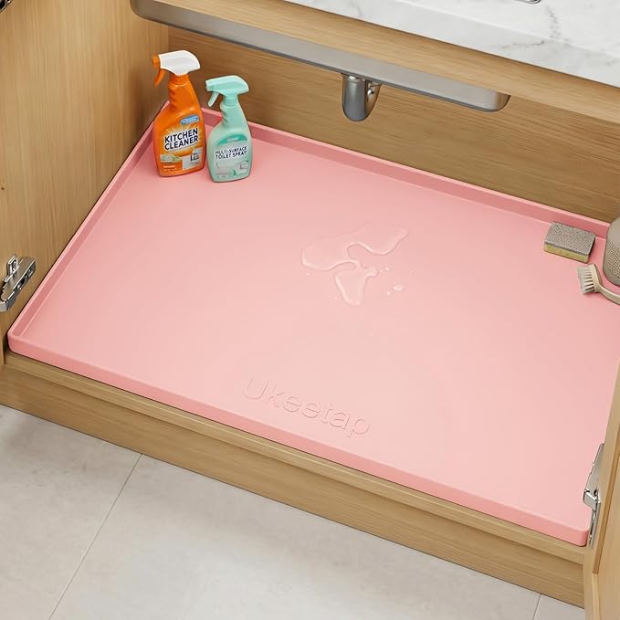 Extra Thick Silicone Mat Waterproof with Raised Edge 34" x 22", Under Sink Mat for Kitchen & Bathroom, Kitchen Cabinet Liner, Multi-Purpose for Storage & Protection, Pink