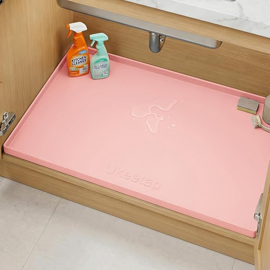 Extra Thick Silicone Mat Waterproof with Raised Edge 34" x 22", Under Sink Mat for Kitchen & Bathroom, Kitchen Cabinet Liner, Multi-Purpose for Storage & Protection, Pink