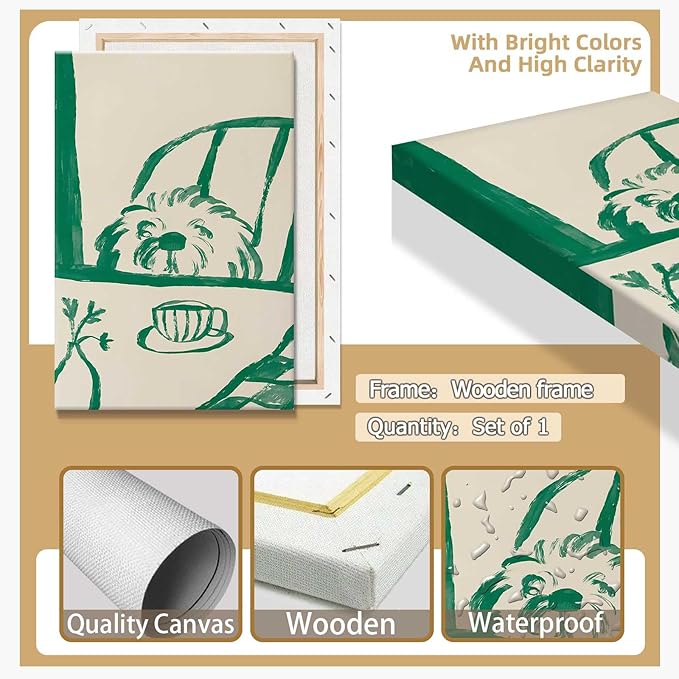 Funny Sneaky Dog Poster Abstract Coffee Breakfast Canvas Wall Art Modern Minimalist Animal Sketch Artwork Prints Painting For Living Room Kitchen Dining Room Wall Decor 12x16in Wrapped Canvas