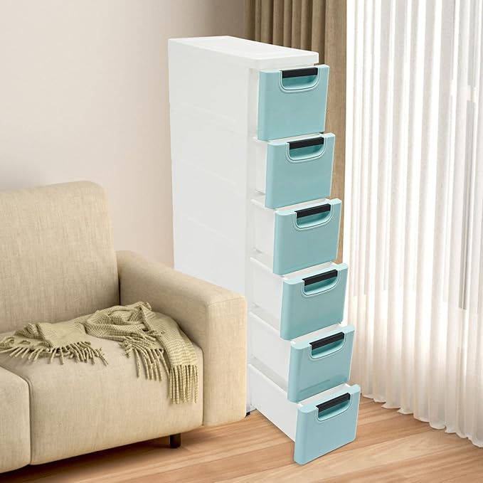 6 Drawers Storage Cabinet, Narrow Plastic Dresser, Rolling Organizer Cart, Mobile Slim Utility Cart on Wheels, Storage Drawer for Small Spaces (Blue)