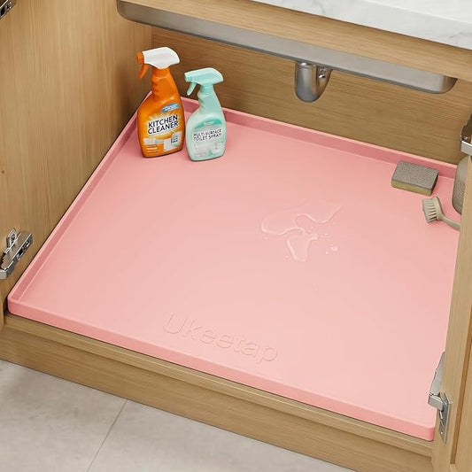 Extra Thick Silicone Mat Waterproof with Raised Edge 22" x 19", Under Sink Mat for Kitchen & Bathroom, Kitchen Cabinet Liner, Multi-Purpose for Storage & Protection, Pink