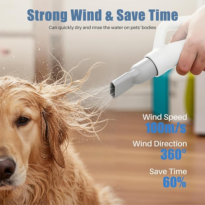 DUMOS Pet Blow Dryer Grooming Vacuum Kit, Dog Dog Hair Dryer with Adjustable Wind Speed & Heater Temperature, Cool-Warm-Hot Cycle Mode, 4 Nozzles, 6.5 FT Cord for Low Noise Cat Hair Remover, White