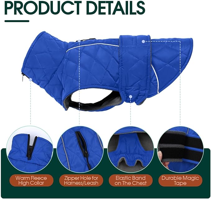 Kuoser Dog Winter Coat Waterproof Dog Snow Jacket, Warm Fleece Lined Pet Turtleneck Snowsuit Puppy Cold Weather Coats with Harness Hole, Adjustable Winter Vest for Medium Large Dogs, Blue, L