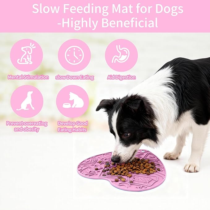 Silicone Slow Feeder Dog & Cat Bowl with Suction Cups – Non-Slip Fun Pattern for Dogs and Cats, Interactive Pet Enrichment Bowl, Treat Eating Feeder, Heart-Shaped Mat Compatible (Cherry Blossom Pink)