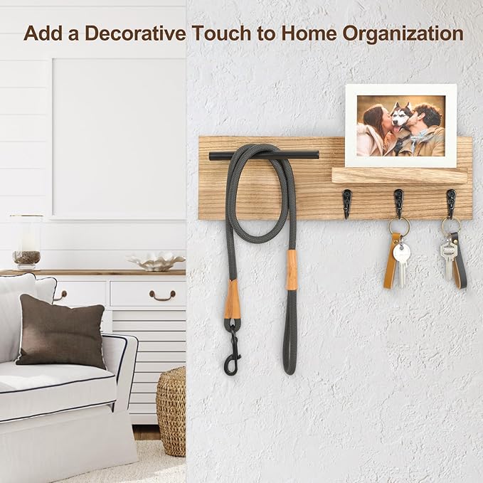 Key Holder for Wall, Decorative Entryway Shelf with Hooks Holds Keys, Dog Leash, Sunglasses – Key Hanger with 3 Hooks Organizes, Enhances Home Decor (15” x 4.5” x 2.6”) (Wood)