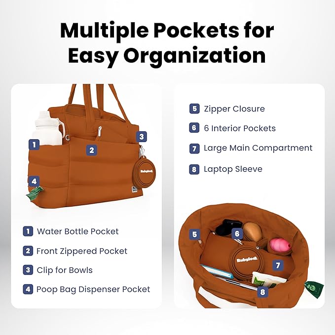 Puffer Dog Travel Bag for Dog Moms – Doggy Diaper Bag with Pet Bowls & Food Storage or Everyday Puffy Tote – Christmas Doggy Mom Gifts for Women – Lightweight, Travel-Ready Gift for Pet Lovers - Rust