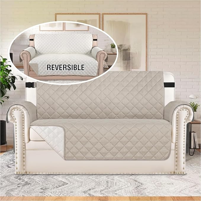 H.VERSAILTEX Loveseat Protector for Dogs/Pets Loveseat Slipcover Quilted Furniture Protector with Non Slip Elastic Strap Water Resistant Loveseats Seat Width to 46"(Loveseat, Pale Oak)