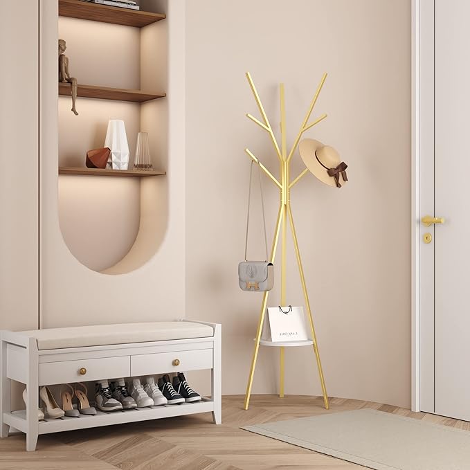 HOME BI Coat Rack Hat Stand Free Standing Display Hall Tree Metal Hat Hanger Garment Storage Holder with 9 Hooks for Clothes Hats and Scarves in Gold,17.72" Wx17.72 Dx70.87