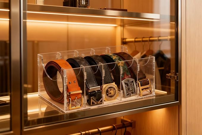 ECOSEAO Belt Organizer, Acrylic Belt Storage Holder for The Closet, Display Case for Tie and Bow Tie (7 Ties)