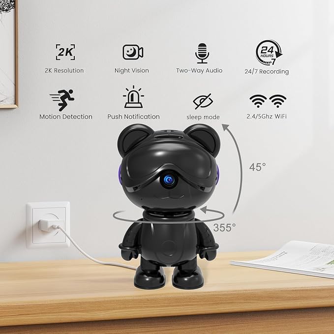 Cute Bear 2K Home Security Camera – Motion Monitor, Baby Cry Detection,Privacy Mode,5G Dual-Band,Pan & Tilt,Night Vision,24/7 Recording,2-Way Audio,Compatible with Alexa & Google Assistant