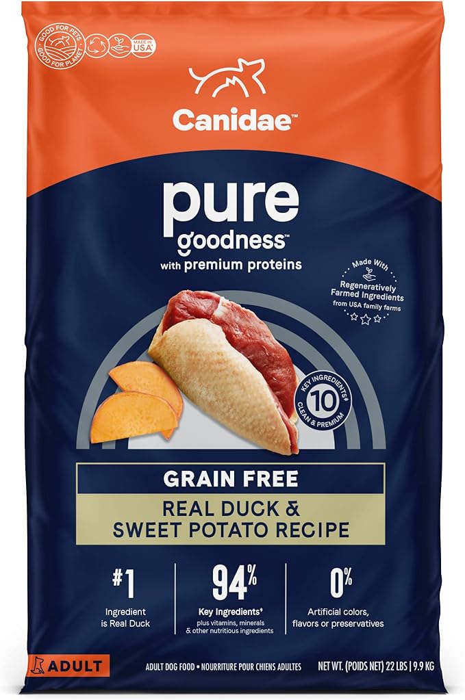 Canidae Pure Limited Ingredient Premium Adult Dry Dog Food, Real Duck & Sweet Potato Recipe, 22 lbs, Grain Free