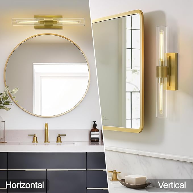 Brass Bathroom Vanity Light, 2-Light Bathroom Wall Sconce Over Mirror, 22.8" Gold Vanity Light for Bathroom, Dimmable Vanity Sconce with Glass Tube, Bathroom Linear Sconce for vertical and horizontal