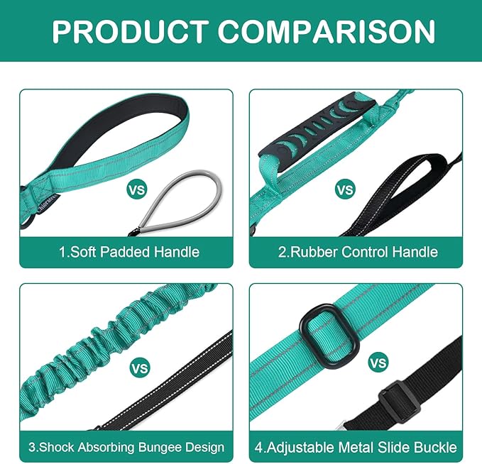 Heavy Duty Dog Leash for Medium Large Dogs That Pull,4-6FT Shock Absorbing Bungee Tactical Dog Leash with Control Padded Handle and Car Seatbelt, Reflective Lead for Walking Training,Teal