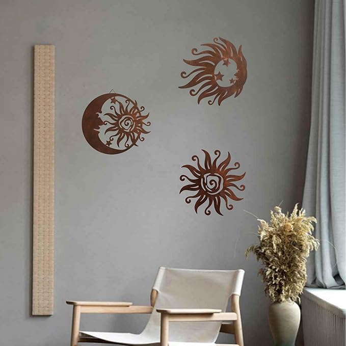 Limygus Sun Moon Metal Wall Art - Rust Colored Rust Proof Wall Sculpture Set of 3 for Indoor & Outdoor Decor for Bedroom, Garden, Patio, Farmhouse
