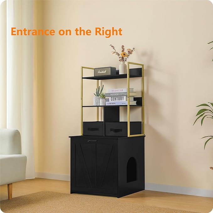 DWANTON Litter Box Enclosure with 2 Storage Shelves and 2 Drawers, 2-in-1 Hidden Cat Litter Box Enclosure Furniture with Shelf, Reversible Entrance, Washable Drawers, 50-Inch, Black+Gold