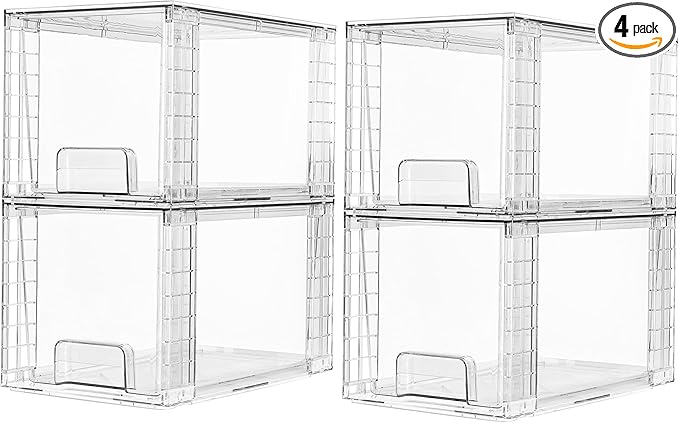 Clear Acrylic Storage Organizer Set, Multi-Purpose Cabinet Bins for Office, Kitchen, Bathroom, Stackable (4)
