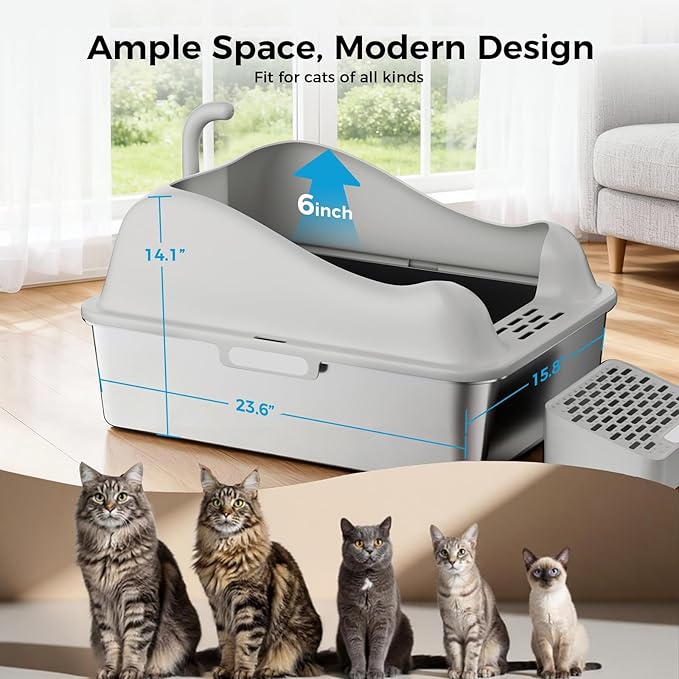 GTPLAYER Stainless Steel Litter Box for Big & Multiple Cats, Easy Clean Odor-Resistant Design, High Sided Leak-Proof Litter Box with Mat & Scoop, Light Gray