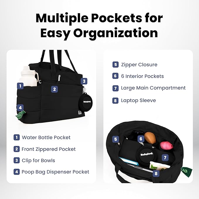 Puffer Dog Travel Bag for Dog Moms – Doggy Diaper Bag with Pet Bowls & Food Storage or Everyday Puffy Tote – Christmas Doggy Mom Gifts for Women – Lightweight, Travel-Ready Gift for Pet Lovers - Black