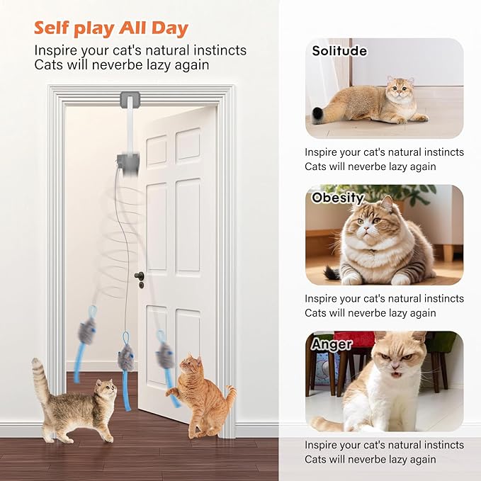 Rechargeable Electric Cat Teaser with Remote – Interactive Door Clip Teaser for Cats, 2 Motion Modes (360° Spin & Irregular Jumping), Smart Auto Cat Toy for Exercise & Fun (Gray)