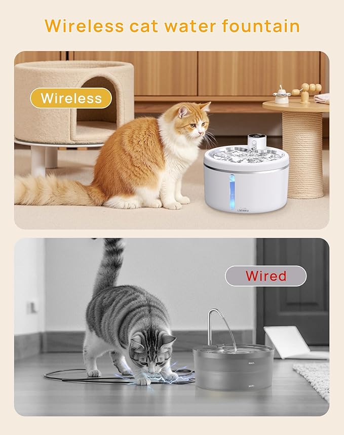 Wireless Cat Water Fountain with Stainless Steel Tray, 102oz/3L Pet Water Fountain for Cats Inside, Cat Fountain for Drinking with Motion Sensor, Ultra Quiet Pump, Cats & Dogs Gifts -2Filters