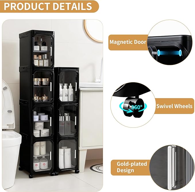 4-Tier Tall Narrow Storage Cabinet with Adjustable Shelves and Movable Wheels, Slim, Bathroom Storage and Organizers for Small Space, Bathroom, Kitchen, Laundry, Black