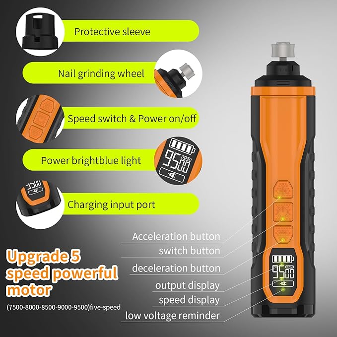 5-Speed Dog Nail Grinder，Super Quiet Rechargeable Electric Dog Nail Trimmer Painless Paws Grooming ，Duty Pet Nail Grinder for Dogs/Cats/Birds/Large Medium Small Animals