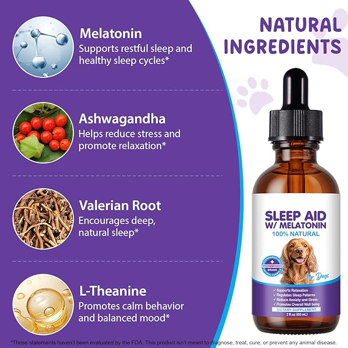 Melatonin for Dogs, Sleep Aid with Melatonin for Dogs, Dog Calming Drops with Ashwagandha,Valerian Root, L-Theanine for Reduce Anxiety and Stress, 2 fl oz