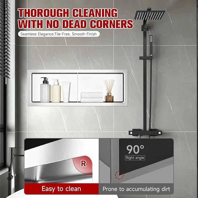 No Tile Needed Shower Niche 9"X 25", Bathroom Wall Niche Double Shelves, Stainless Steel Shower Niche for Bathroom, Kitchens, Balconies