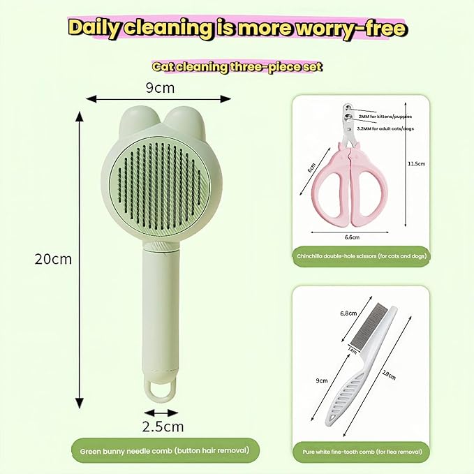 3-Set Self-Cleaning Pet Grooming Brush - Deshedding Tool for Dogs & Cats, Skin Friendly Hair Remover for Long & Short Haired Pets, Professional Dog & Cat Brush for Shedding Control(Green)