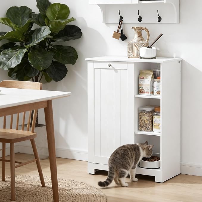 Dog Food Storage Cabinet with Tilt-Out Bin and Open Shelves, Pet Storage Organizer Cabinet with Magnetic Door and Anti-Tip Design, White Kitchen or Bathroom Furniture, BZR105-W