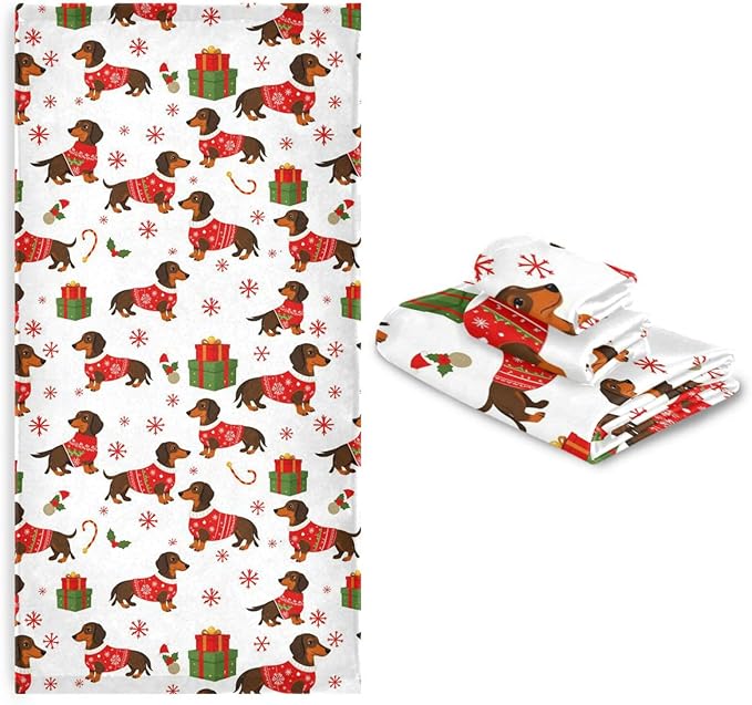 Pfrewn Christmas Winter Towels Set of 3 Dachshund Dog Christmas Snowflakes Bathroom Towel Soft Absorbent Bath Hand Towels Washcloth Guest Towel Sets Xmas Holiday Decor