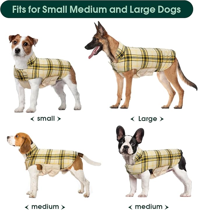 Kuoser Waterproof Dog Coat, Reversible Dog Jacket for Large Dogs, Adjustable Durable Doggie Winter Coat for Groowing Puppies Warm Puppy Cold Weather Apparel, Yellow L