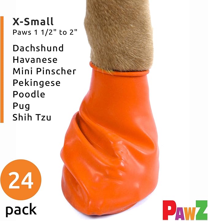 PawZ Rubber Dog Boots for Small Paws - All-Weather Waterproof Dog Shoes, Anti-Slip Traction for Rain, Snow, Mud & Hot Pavement - Pull-On Dog Booties, Orange - X-Small (1.5"-2") - Pack of 24