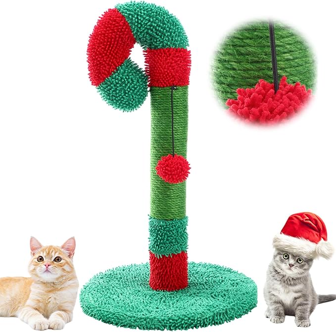Christmas Cat Scratching Post 21.6" Candy Cane Holiday Scratch Post Small Natural Sisal Cat Scratcher for Indoor Cats and Kittens