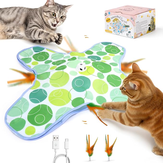 Interactive Cat Toys, Hide and Seek Cat Toy, 2 in 1 Automatic Moving Concealed Feathers for Indoor Cats, Non-Slip Suction, Touch Activated, USB Rechargeable, Green