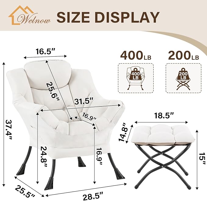 Welnow Lazy Chair with Ottoman, Modern Reading Lounge Accent Chair with Armrests and a Side Pocket, Leisure Upholstered Lazy Sofa Set with Footrest for Small Space, Beige