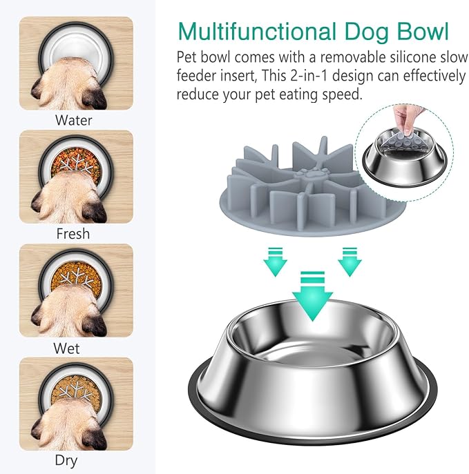 ORIA Slow Feeder Dog Bowl Set, Stainless Steel Dog Food Bowl with Slow Feeder Insert, Pet Water Bowls with Non-Slip Base for Small Medium Breeds, Holds Up to 2 Cups, M