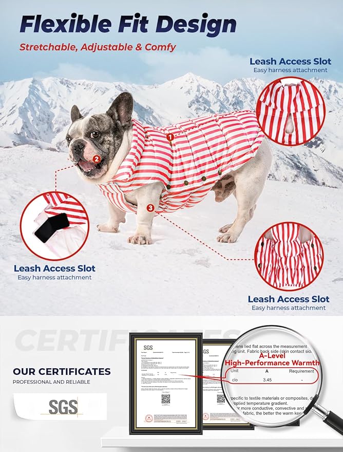 SPACE LION Dog Puffer Jacket, Down Winter Coat, Durable Outdoor Coat for Cold and Windy Conditions, Lightweight & Adjustable Fit Coats for Medium & Large Dogs, (RedStripe, Size 16 Gift Box)